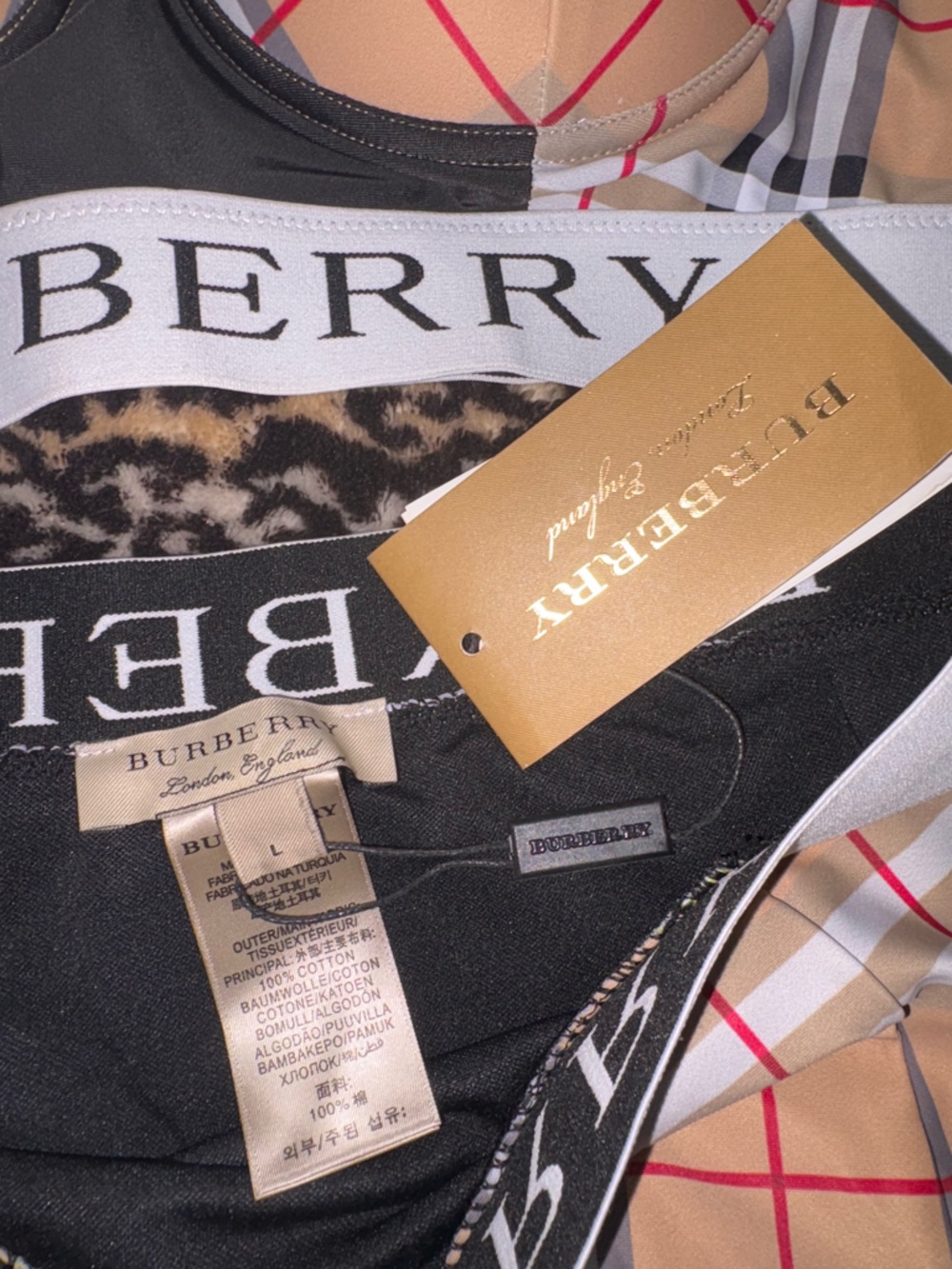 Burberry Logo Elastic Swimsuit Set in Beige, Black and Red Plaid - Picture 3 of 5